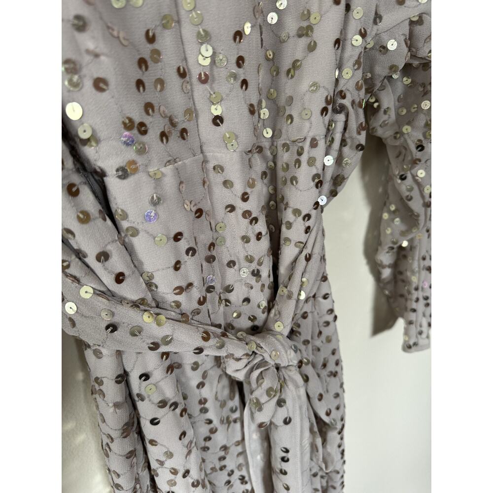 ASOS Design Nude Sequin Midi Dress Batwing Sleeve Front Slit Plunging Neck SZ 12 - Picture 8 of 13